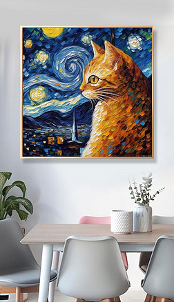 印象派星空月和猫咪油画客厅装饰画