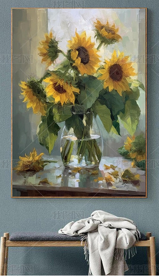 现代抽象花瓶向日葵手绘油画玄关装饰画