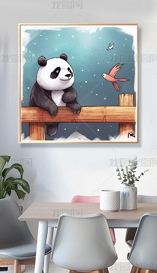 大熊猫萌兰和小鸟可爱卡通风景装饰画