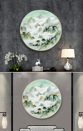 新中式山水画水墨漆金无框装饰画客厅装饰画