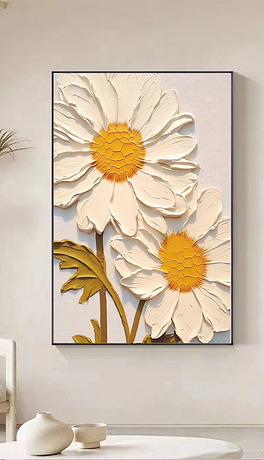 奶油风白色花朵肌理手绘油画客厅装饰画花卉玄关挂画