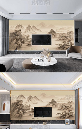 新中式工笔画风格复古手绘山水植物电视背景墙背景墙壁纸墙纸