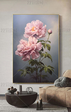 现代手绘写实唯美粉色牡丹花花卉油画客厅装饰画