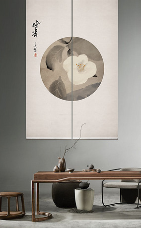 现代中式手绘花卉水墨画卷帘门帘屏风图案