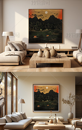 现代简约新中式山水画抽象意境金色装饰画