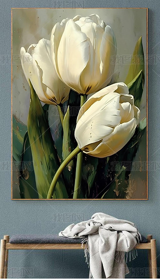现代油画风格高级质感白色郁金香唯美艺术客厅装饰画