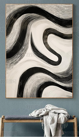 现代手绘黑白纹理线条创意个性曲线设计抽象客厅玄关装饰画