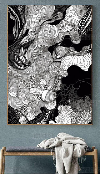 现代手绘艺术创意黑白线条抽象花卉图案个性玄关装饰画