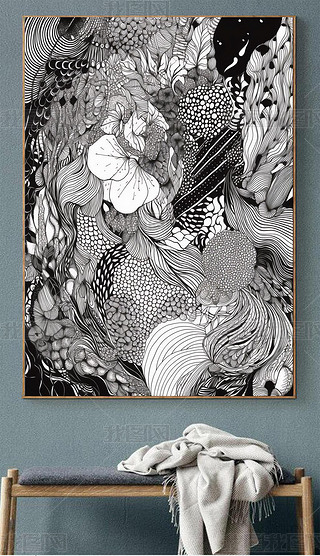 现代手绘艺术创意黑白线条抽象花卉图案个性玄关装饰画