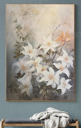 手绘油画风格白色花朵清新朦胧唯美意境客厅玄关装饰画
