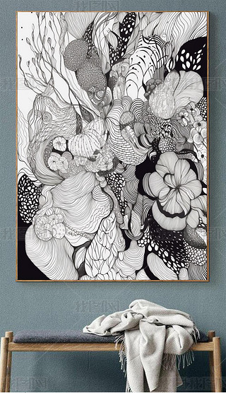 现代手绘艺术创意黑白线条抽象花卉图案个性玄关装饰画
