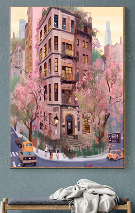 浪漫清新粉色花朵小院建筑美丽街道转角花园风景插画个性玄关装饰画