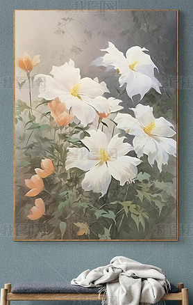 手绘油画风格白色花朵清新朦胧唯美意境客厅玄关装饰画