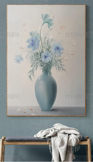 手绘油画风格肌理质感蓝色花瓶插花小清新唯美绘画客厅玄关装饰画
