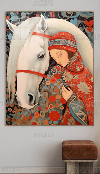 民族服饰女孩白马现代过道玄关装饰画四