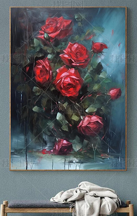 现代高级质感手绘油画风格红玫瑰小众艺术浪漫客厅背景墙装饰画
