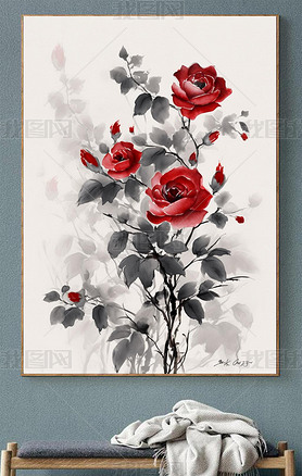 现代水彩手绘质感高级唯美红玫瑰浪漫清新质感卧室装饰画