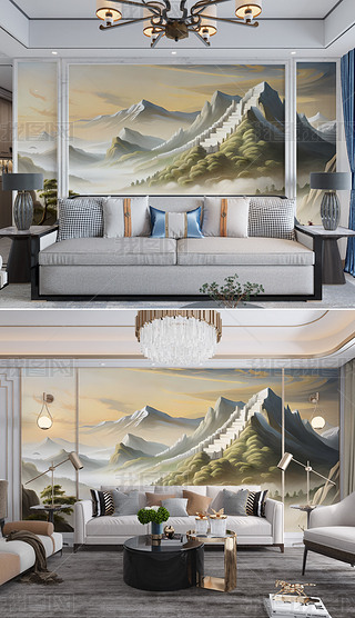 山水风景背有靠山会客厅沙发电视背景墙壁画