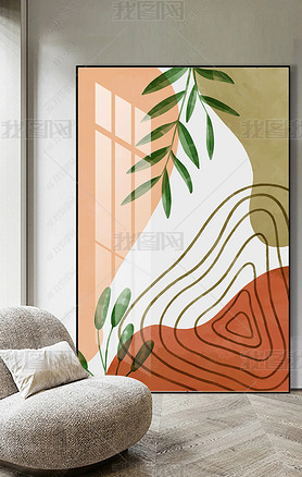 原创后现代手绘抽象爱马仕风格植物三联幅厅装饰画4