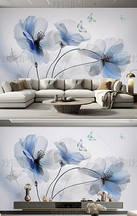 艺术唯美清新手绘花朵蝴蝶沙发电视背景墙
