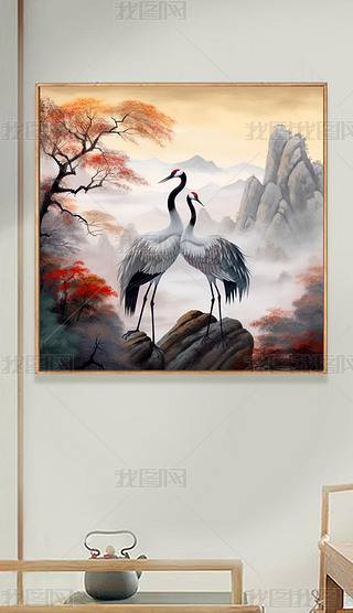 松鹤延年挂画白鹤走廊过道壁画国画山水画新中式仙鹤客厅玄关装饰画