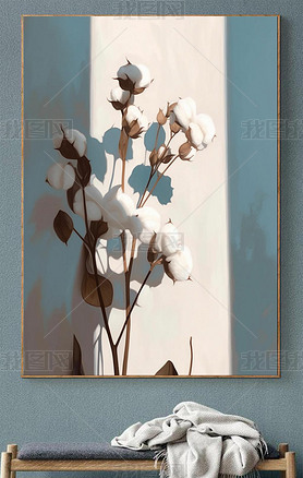 高级手绘厚涂阳光下的白色棉花植株插画写实风格客厅沙发背景墙装饰画