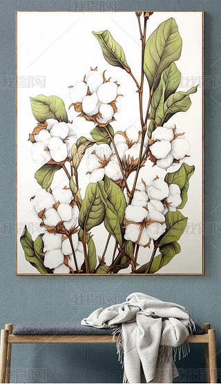 手绘质感棉花秋季收获创意艺术个性客厅玄关装饰画