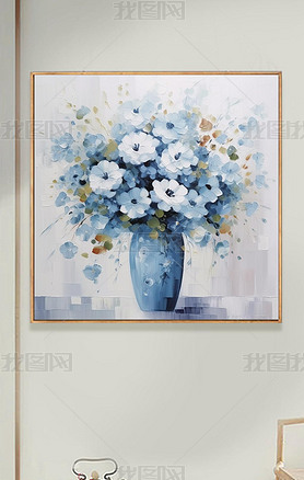 手绘油画客厅方形蓝色装饰画餐厅大幅高级感花卉挂画肌理画