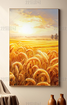 金色秋天麦子丰收稻田麦子麦穗竖版装饰画