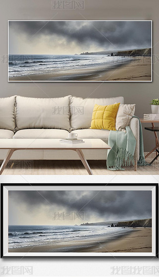 纯手绘油画横版挂画沙发背景装饰画大海风景壁画莫兰迪灰色调