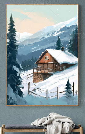 冬季唯美雪景治愈系风景插画手绘高级玄关装饰画