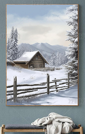 手绘冬季蓝天房屋建筑雪景乡村风景唯美意境玄关装饰画