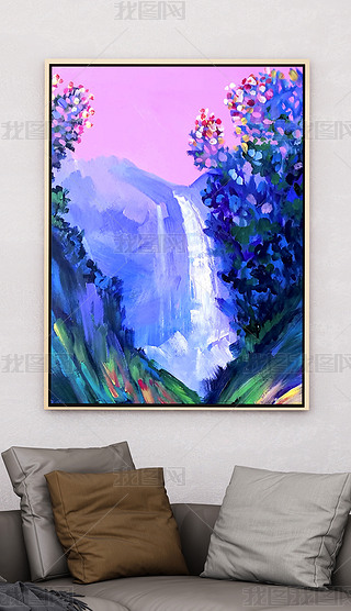 简约艺术山水瀑布大气过道丙烯画抽象肌理玄关装饰画