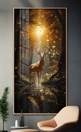 139彩绘发财鹿黄金麋鹿大气卧室客厅玄关装饰画