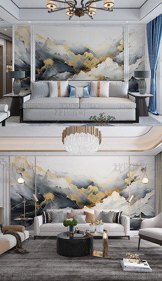 朦胧金色线条山峰财富源泉简约抽象背景墙壁画