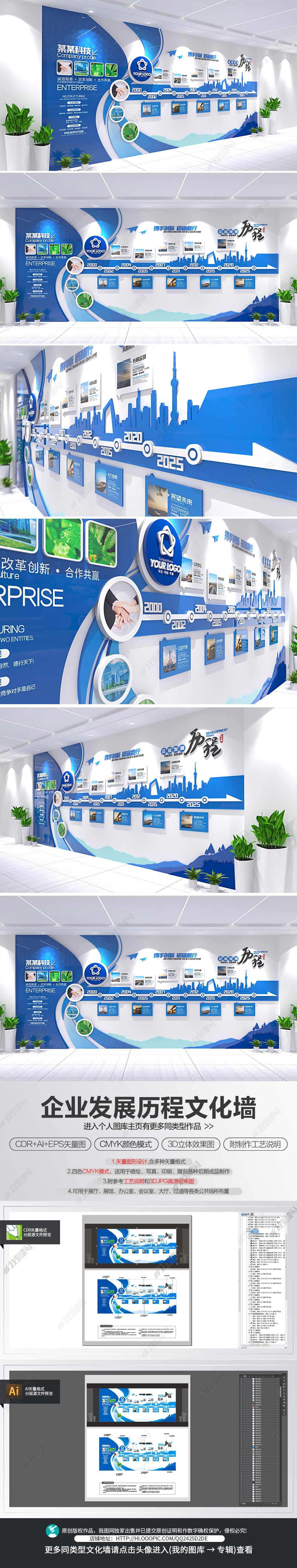原创企业发展历程文化墙蓝色公司发展史形象墙-版权可商用