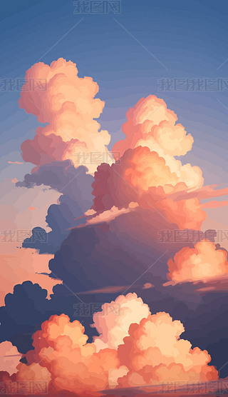 夕阳晚霞天空云彩云霞光阴晨光插画背景108