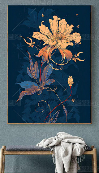 新中式中国传统图案菊花纹样精致手绘质感高级客厅玄关装饰画