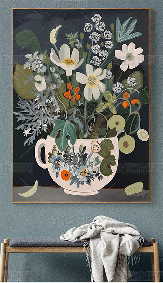 侘寂风绿植花卉肌理手绘油画客厅挂画抽象玄关餐厅艺术装饰画