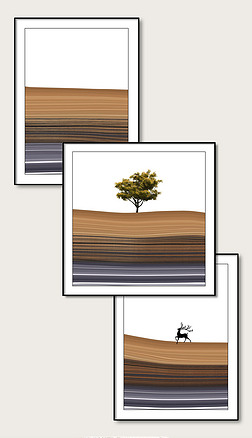 现代抽象线条风景发财树麋鹿客厅三联装饰画