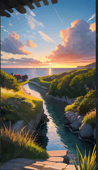 海边日落晚霞夕阳大海海滩海洋夜景插画45