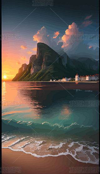 海边日落晚霞夕阳大海海滩海洋夜景插画40