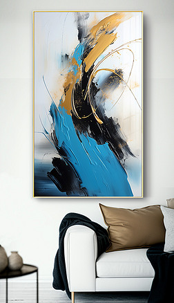 北欧现代艺术抽象蓝金油画肌理玄关装饰画