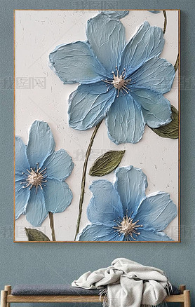 蓝色花朵奶油风纯手绘油画玄关装饰画客厅餐厅抽象立体肌理画挂画