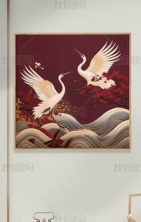 新中式轻奢客厅玄关装饰画砖红色仙鹤花鸟中国风古典背景墙壁挂画