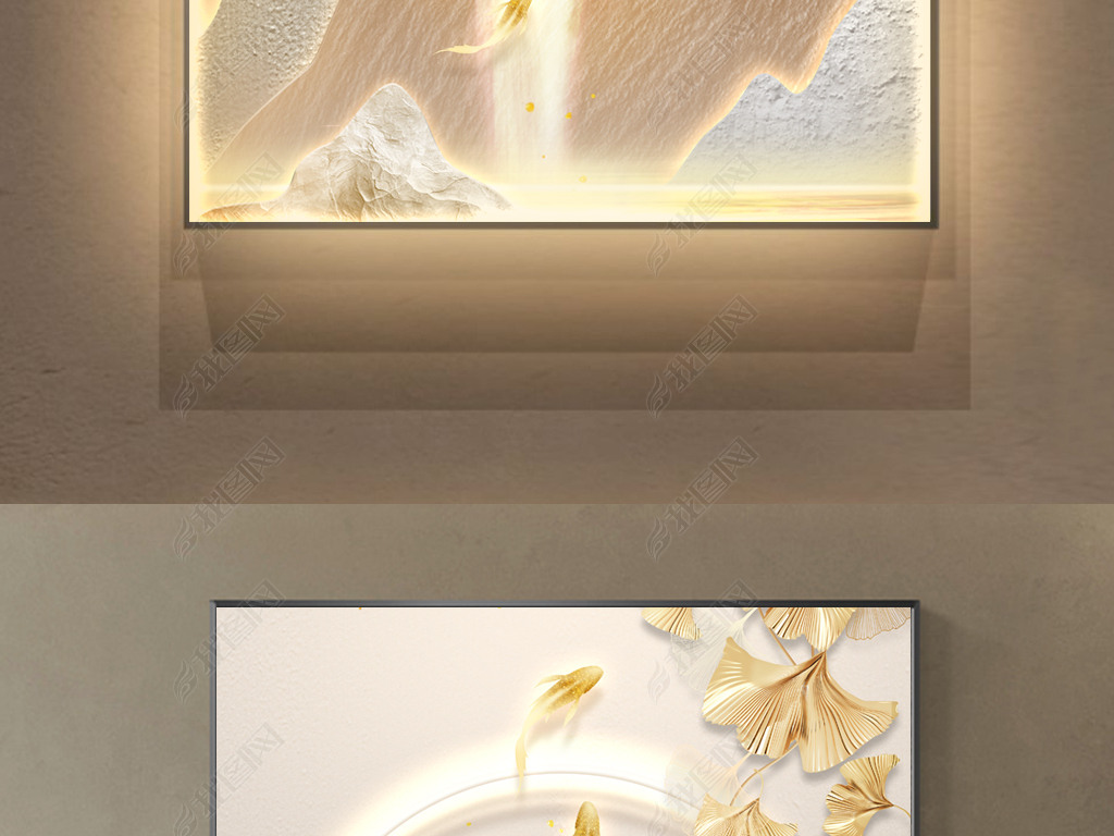 新中式轻奢灯带画抽象山水一鹿高升玄关装饰画