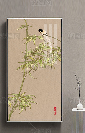 新中式水墨竹石图挂花鸟竹子中式装饰画