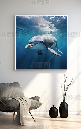 原创海豚装饰画摄影海豚游泳的海豚海底世界大鱼挂画