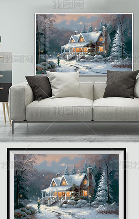 冬季风景画油画质感手绘房屋树木雪景唯美黄昏客厅装饰画