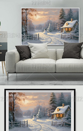 冬季风景画油画质感手绘房屋树木雪景唯美黄昏客厅装饰画